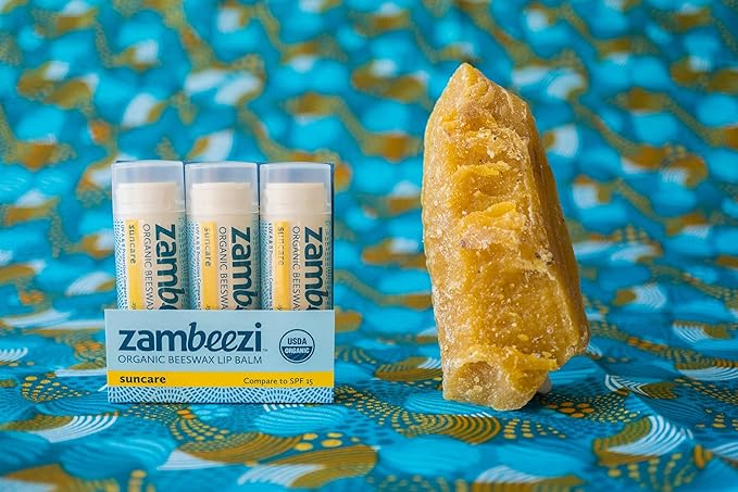 Organic, Fair Trade Beeswax Lip Balm - Suncare 3 Pack - Mineral Based Zinc Oxide Sun Protection - Ethically Sourced