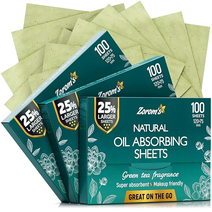 Natural Green Tea Oil Blotting Sheets for Face - 25% Larger - 3pk/300 Makeup Friendly Blotting Papers for Face - Easy Dispensing Oil Absorbing Sheets