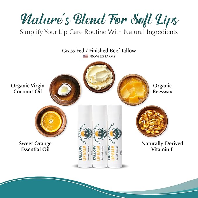 Moisturizing Tallow Lip Balm – Grass-Fed Beef Tallow with Organic Coconut Oil, Beeswax, and Vitamin E – Sweet Orange – Lip Balm Set – Travel Essential – 3-Pack