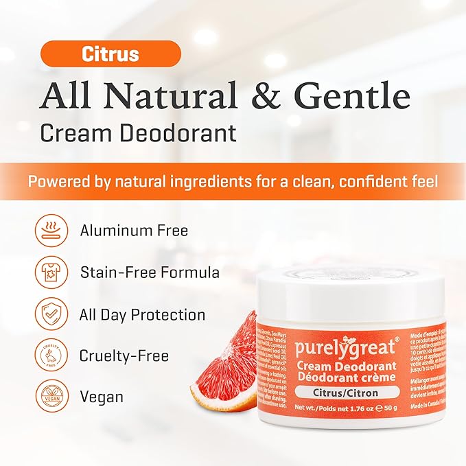 Purelygreat Aluminum-Free Deodorant Cream, Citrus Scent, 1.76oz