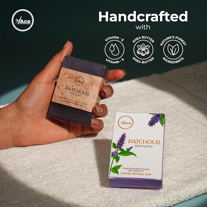 MY ACE Patchouli Aromatherapy Bathing Bar – Handmade Soap with Patchouli Essential Oil & Coconut Oil, Shea Butter & Vitamin E, SLES-Free, Deep Moisturizing (3.5oz Each, Pack of 3)