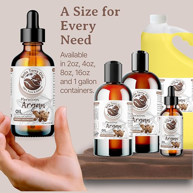 Bella Terra Oils - Argan Oil 8 oz - Pure Moroccan Elixir, Enhances Shine in Hair, Deeply Nourishes Skin