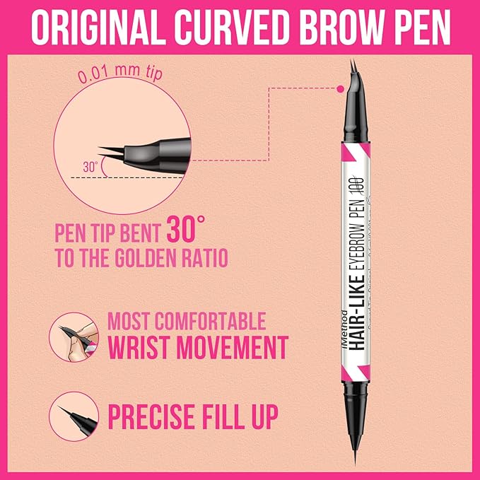 iMethod Curved Eyebrow Pen - 2-in-1 Dual-Ended Eyebrow Pencil with Curved Tip and Precise Brush-Tip, Microblading Eyebrow Pen for Natural Hair-Like Brows, Long Lasting, Brown