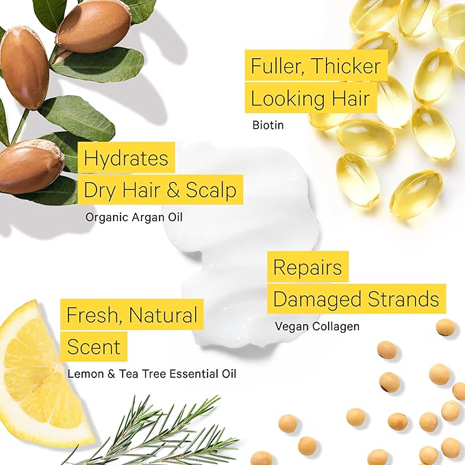 Tree to Tub Vegan Biotin and Collagen Conditioner for Dry, Damaged Hair - Volumizing Sulfate Free Fine Hair Thickening Conditioner for Women & Men w/Organic Argan Oil, All Natural Lemon, Tea Tree Oil