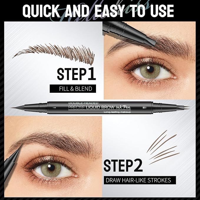 Eyebrow Pencil, Eyebrow Pen with Double-Brush Tip 2-in-1 Eyeliner Dual-Ended Microblading Long Lasting Waterproof Hair-Like Brow Pencil with Eyebrow Brush (Black brown)