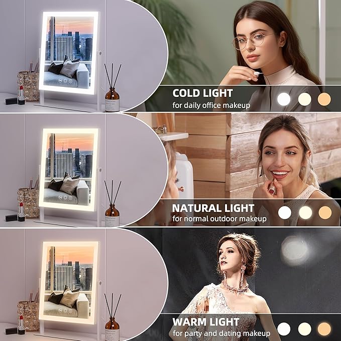 VANITII Vanity Mirror with Lights LED Lighted Makeup Mirror with Magnification 9”x12” Hollywood Mirror 3 Color Lighting 360 Rotation Smart Touch Control for Desktop Dormitory Bedroom