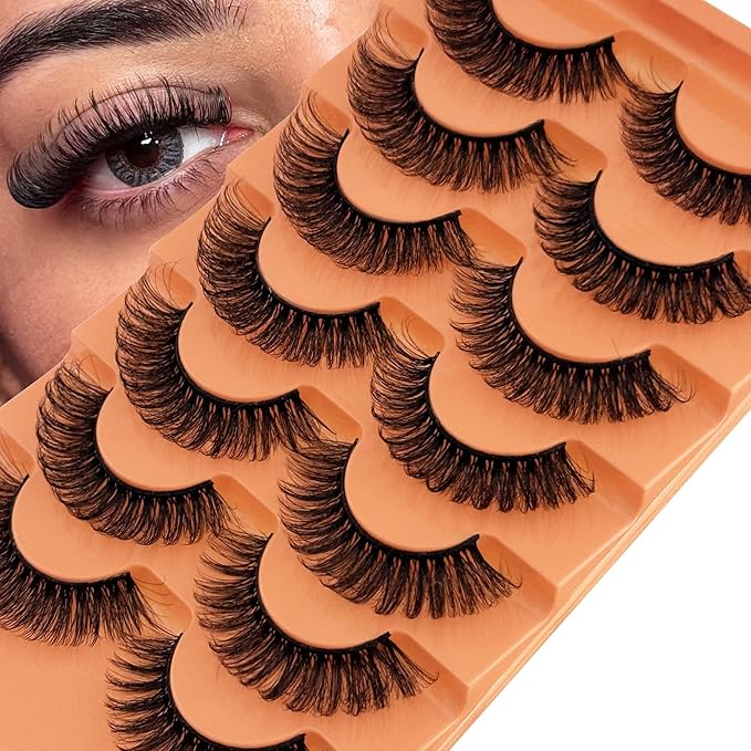 YASNAI Short Lashes Natural Look D Curl Eyelashes that Look Like Extensions Strip False Thick Volume Lash Pack 8-14mm Full 7 Pair Fluffy Wispy Cat Eye Mega Double Stacked Eyelash Small Fake Lashes