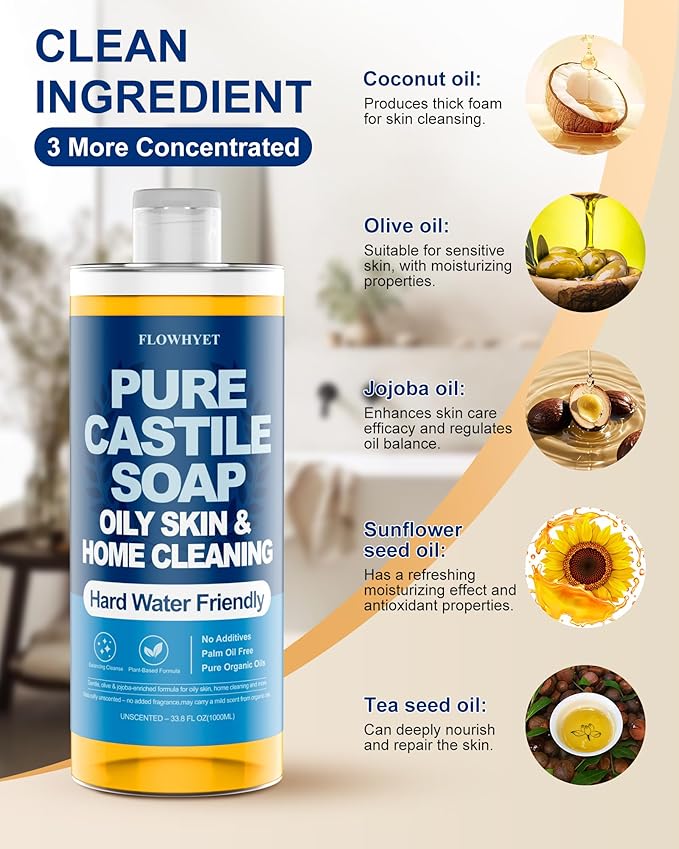 Pure Castile Soap Liquid Unscented 33.8 fl oz, Organic Body Wash，Bath Soap Castile Liquid, Hard Water Friendly for Sensitive & Oily Skin for Body，Face, Hand, Multi-Purpose Home Cleaner 1L