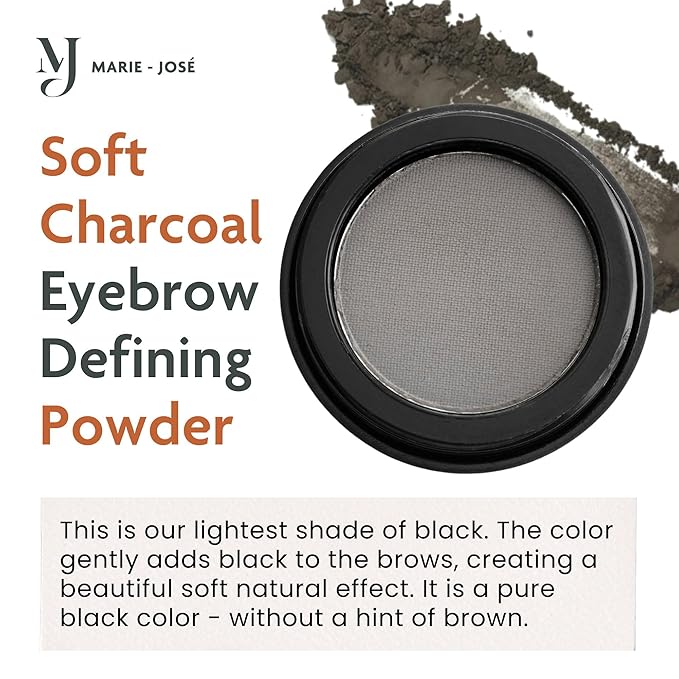 Marie-José Soft Charcoal Eyebrow Powder - Soft Subte Black Eyebrow Color - Effortless All-Day Brow Beauty - Compact Size 0.10oz for Purse or Travel Size - Made in USA