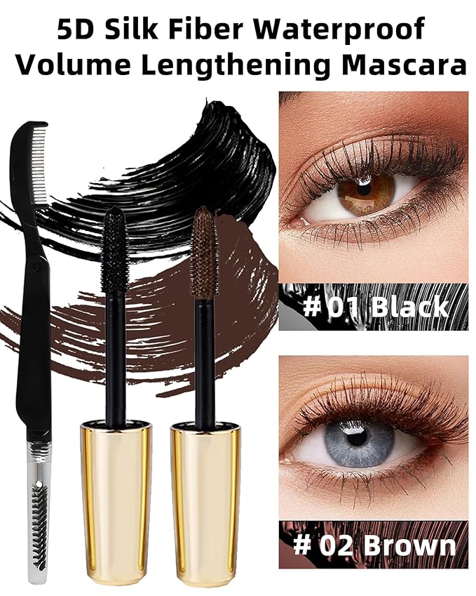 2 Pcs Black Brown Waterproof Mascara, 5D Silk Fiber Lashes Extension Colored Tube Mascaras with Eyelash Brush, Long Lasting Curling Mascara Volume and Length, Eye Makeup Gift for Women
