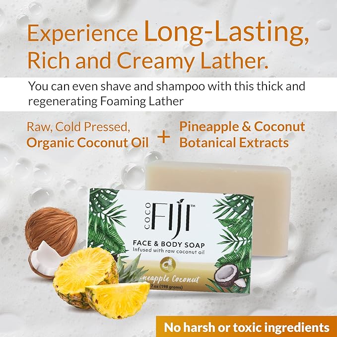 "Coco Fiji Soap Bar for Face and Body Infused With Organic Coconut Oil, Pineapple Coconut Essential Oil, Natural Soap for Moisturizing & Pore Purifying Skin, 7 oz, Pack Of 2 "