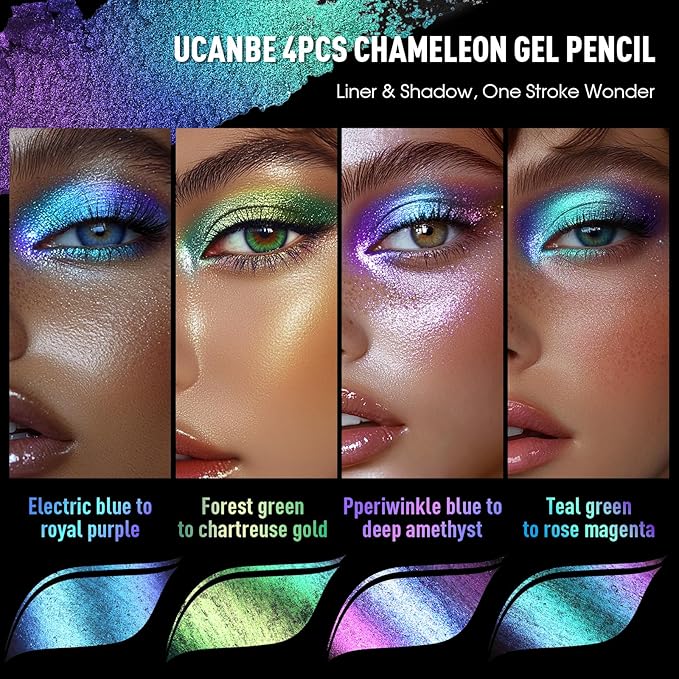 UCANBE 4PCS Chameleon Eyeshadow & Eyeliner Gel Pencil Set - Multichrome Shifting Colors Metallic Glitter Eye Makeup,Waterproof Long-Lasting Smudge-Proof Multi-Dimensional Color