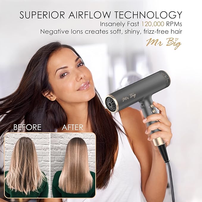 Mr Big Hair Dryer Italian Style Professional Ionic Anti Frizz with Intelligent Temperature Sensor, Lightweight at 12oz, Self-Cleaning Brushless Motor, T-Shaped, Insanely Powerful Air Flow 120,000 RPMs