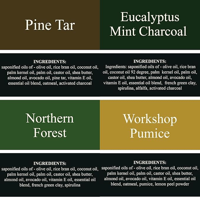 Traverse Bay Bath and Body Natural Cold Process Soap Rugged 4-Bar Variety Pack, Pine Tar, Eucalyptus Mint Charcoal, Northern Forest, Workshop Pumice 5.5 oz Each, 22+ oz Total