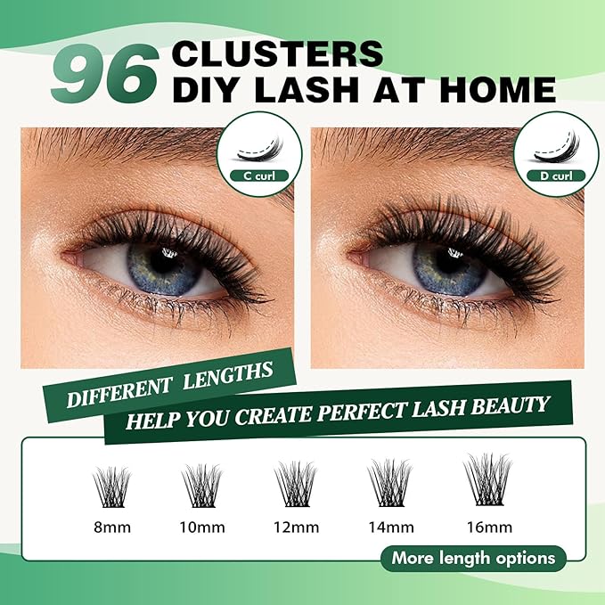 Lash Clusters 96pcs Individual Lashes D Curl 12mm Eyelash Clusters KEYYOU Volume Wispy Lash Extension Soft&Comfortable Easy DIY at Home(Y08,D-12mm)