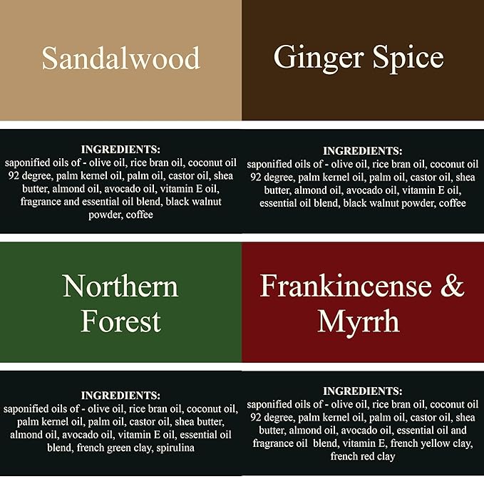 Traverse Bay Bath and Body Natural Cold Process Soap Spice & Wood 4-Bar Variety Pack, Ginger Spice, Sandalwood, Northern Forest, Frankincense & Myrrh, 5.5 oz Each, 22+ oz Total