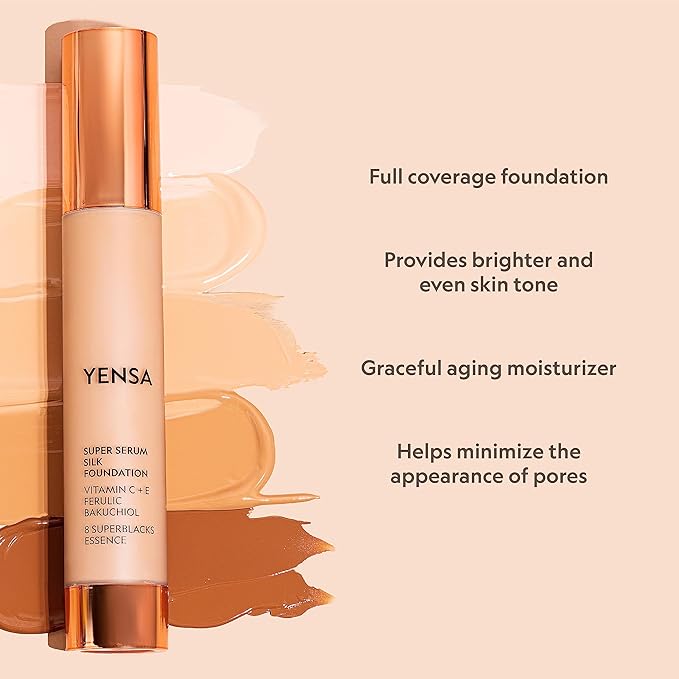 YENSA Serum Foundation Makeup - Super Silk Full Coverage Foundation Enriched with Peptides, Vitamin C & Ferulic Acid to Help Reduce Fine Lines, Wrinkles & Dark Circles - Deep 1 (1 oz)