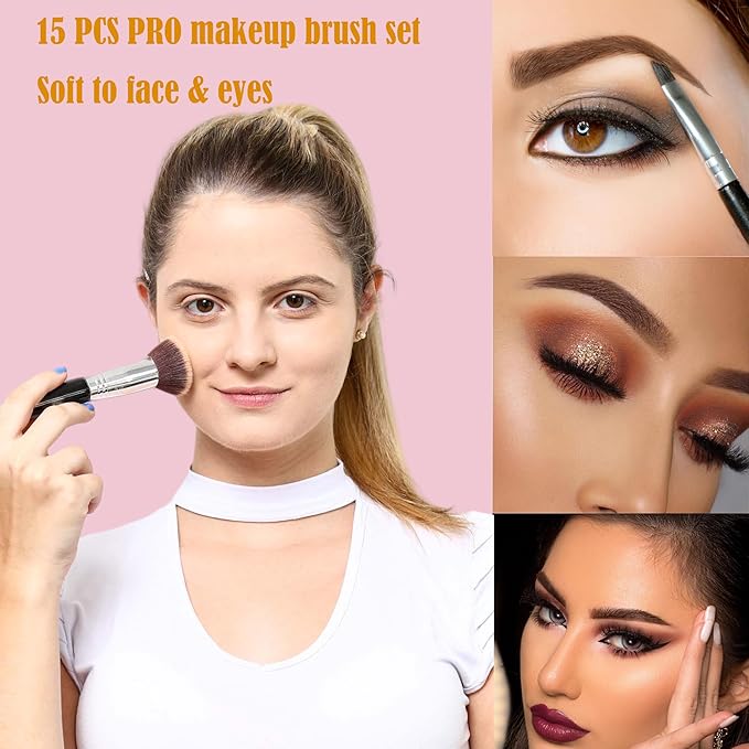 Makeup Brushes Set BUTIYO 15 Pcs Synthetic Foundation Powder Concealers Eye shadows Blush Eye Brow Makeup Brushes with black (15 PCS) FB029