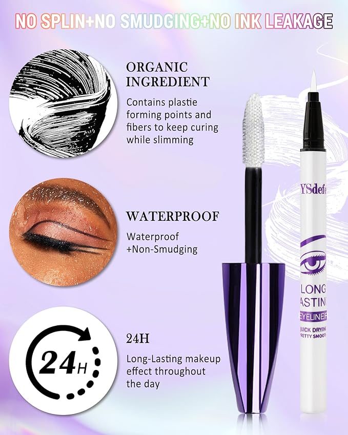 White Mascara Liquid Eyeliner Set, Update Longlasting Waterproof Color Eye Liner Pen, 5D Silk Fiber Colored Mascara Volume and Length, Christmas Party Stage Use Eye Makeup Gift Kit for Women Girl-03