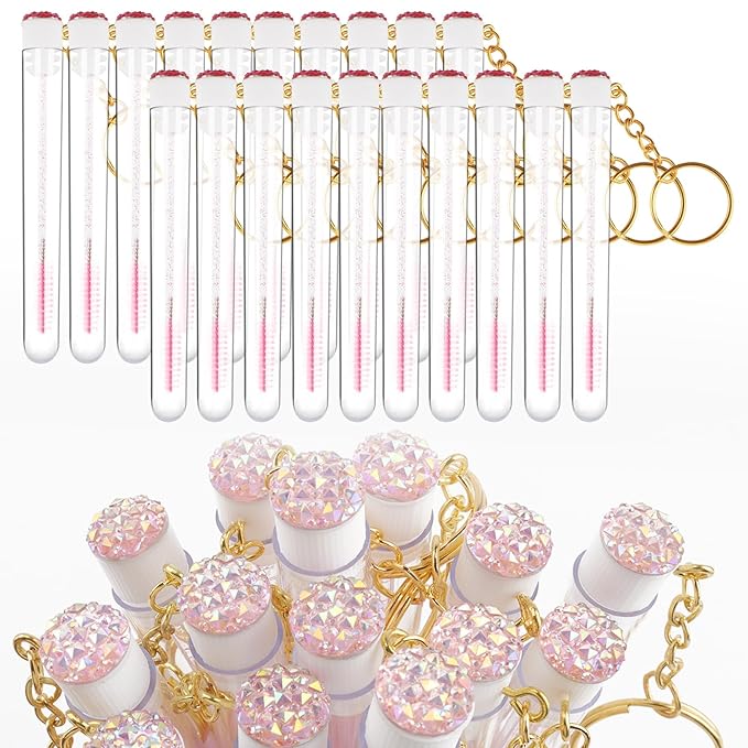 20pcs Mascara Wands Set Includes Crystal Eyelash Spoolies Eyebrow Brush and Reusable Diamond Key Chain Tube Eyelash Extension Supplies (Pink)