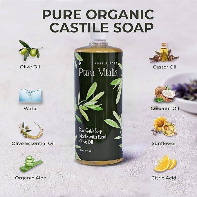 Unscented Organic Castile Soap | Body Wash & Cleanser for Face & Hands | Biodegradable, Eco-Friendly, Palm Oil Free, Vegan & Gentle | Made with 6 Natural Ingredients | 32 oz
