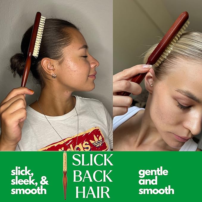 GranNaturals Soft Boar Bristle Teasing Brush for Slick Back Hair, Backcombing, Edge Control, Smoothing Baby Hairs to Create Volume and Sleek Hairstyle - White Bristles - Wooden Rat Tail Comb Handle