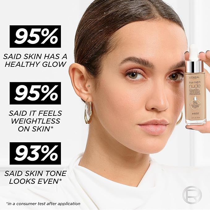 L'Oreal Paris True Match Nude Hyaluronic Tinted Serum Foundation with 1% Hyaluronic acid, Rich Deep, 1 fl. oz.