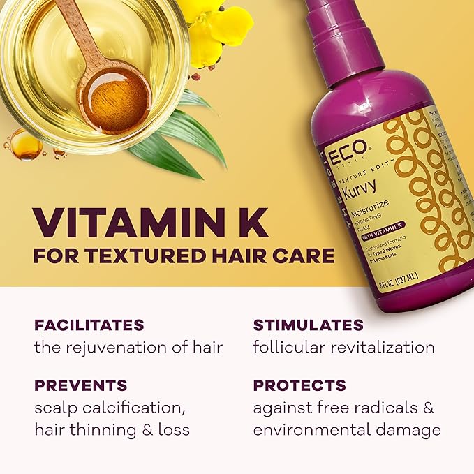 Eco Style, Texture Edit, Kurvy Moisturize Hydrating Foam for Type 2a to 2c wavy hair - Prep your hair for any style with lightweight leave in conditioner for curly hair 8oz