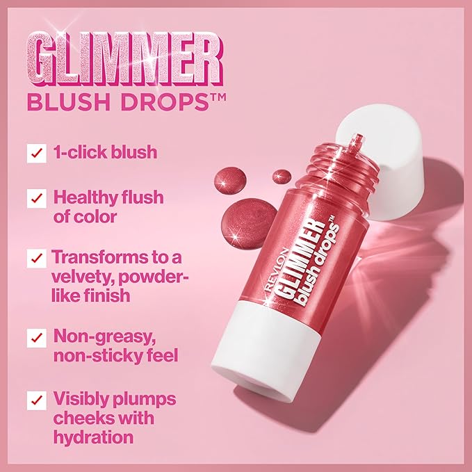 Revlon Glimmer Blush Drops, Liquid Blush for Cheeks, Liquid to Velvety Powder Finish, Glowy, High Pigment, 102 Pink It Over, 0.32 fl oz