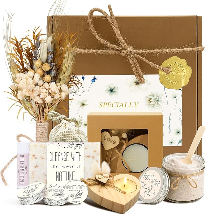 Spa Gifts for Women - Valentines Day Gifts for Her, Natural Themed Self Care Kit, Birthday Anniversary Care Package Ideas for Wife Girlfriend Mom from Daughter Husband Friend, 8PCS Items