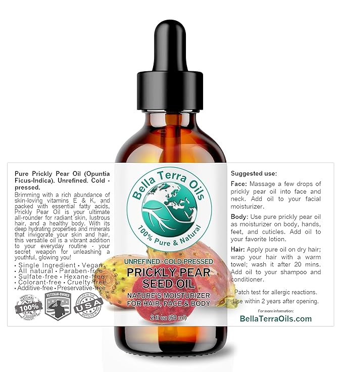 Bella Terra Oils - Prickly Pear Seed Oil 2 oz - Cold-Pressed Excellence, Packed with Vitamin E, Linoleic Acid, and Betalains, A Luxurious Touch for the Face