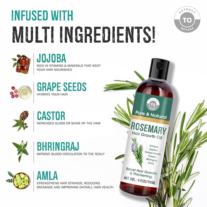 Rosemary Hair Growth Oil - 4 floz/118ml - For Hair Fall Control and Nourishment - Made With Castor, Jojoba, Grape Seed, Almond, Amla and Bhringraj Oils