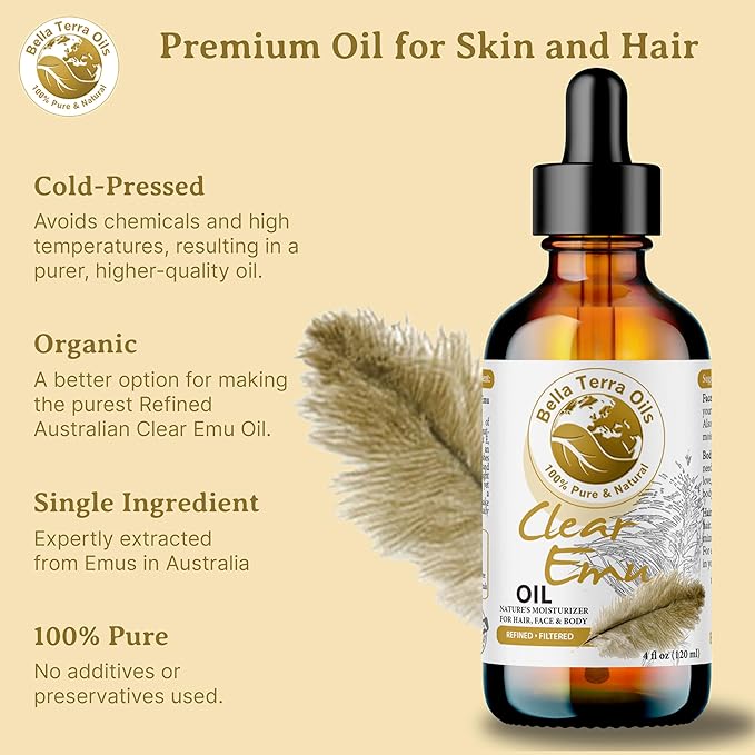Bella Terra Oils - Clear Emu Oil 16oz - Ultra-Purified & Six-Times Refined, Rich in Omega-9, A Premium Choice for Skin & Hair Hydration