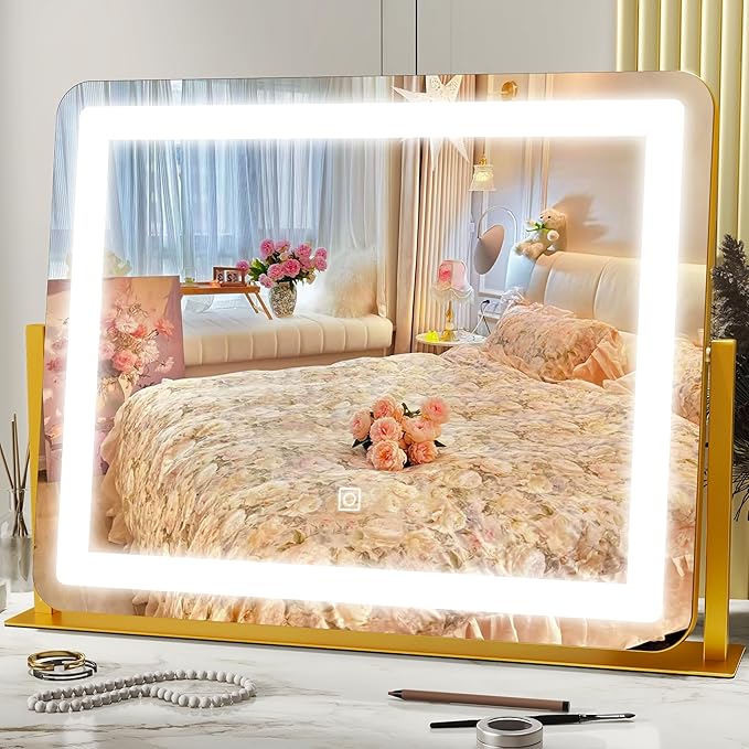 HNV Gold Vanity Makeup Mirror with Lights, 22"x17" Large Lighted Vanity Mirror, Dimmable LED with 3 Color Touch Lighting, Tabletop Mirror for Desk or Bedroom, 360° Rotation