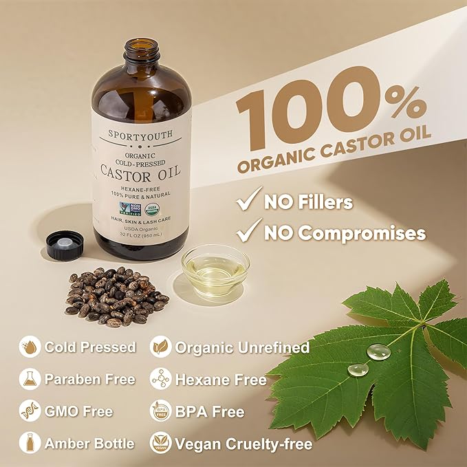 SPORTYOUTH Castor Oil Organic - Cold Pressed, Hexane Free, 100% Pure, USDA Certified, Unrefined Glass Bottle 32oz Non-GMO Carrier Oil for Face, Skin, Hair Growth, Castor Oil Pack, Eyelashes, Brows