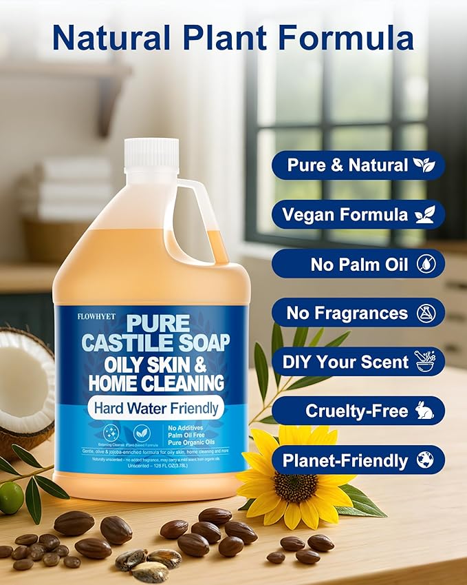 Pure Castile Soap Liquid Unscented 1 Gallon(128 floz) Refill,Organic Body Wash Bath Soap Castile Liquid,Hard Water Oily Skin Friendly for Body, Face, Hand,Dishes,Home Cleaner Fragrance Free