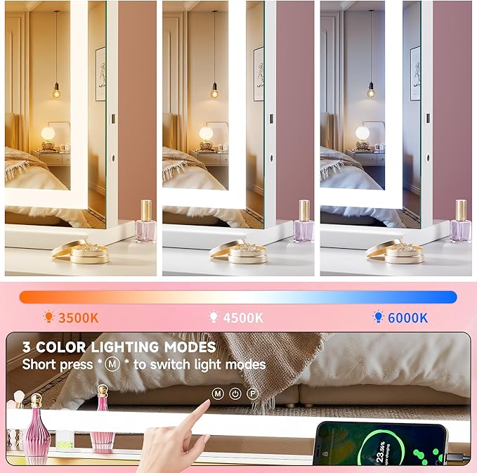 Vanity Mirror with Lights, 40" x 29" LED Makeup Mirror with 10X Magnification, Dimmable 3 Modes, Memory Function, Smart Touch, USB Charging Port, Lighted Makeup Mirror Square White