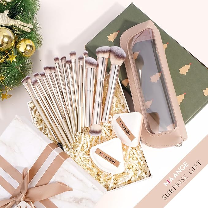 MAANGE Makeup Brush Set 19 PCS Travel Makeup Brushes Eyeshaowder Powder Concealers Foundation Professional Make Up Brush Set with Case (Gold)
