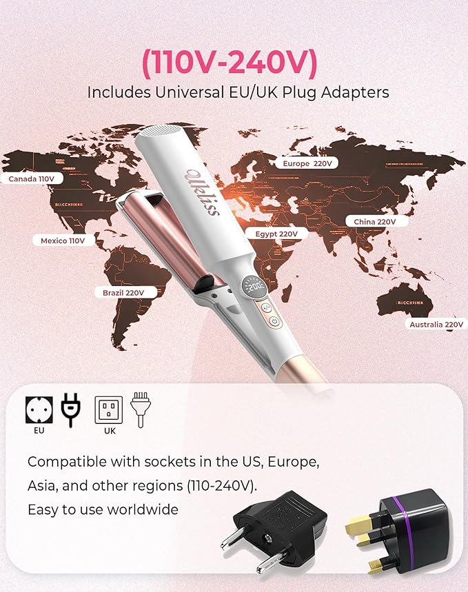 Mini Waver Crimper Hair Tool for Women Short Hair Travel 0.4 inch Double Barrel Small S Waver Curling Iron Dual Voltage (110-240V) with European Plug Adapter, 5 Temps for Dating, Daily (White Gold)