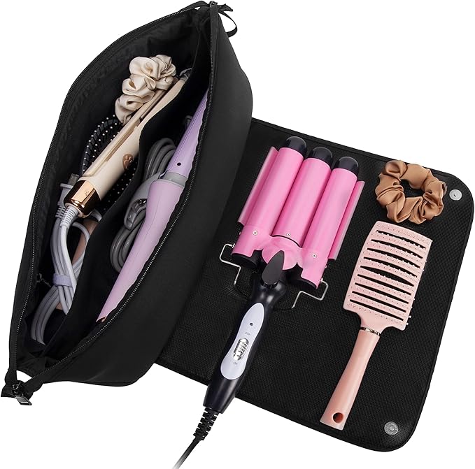 Aerotrunk Hair Tools Organizer - Hot Hair Tools Travel Bag with Heat Resistant Mat, Large Capacity Pouch for Flat Irons, Curling Wands, Hair Dryers - Black