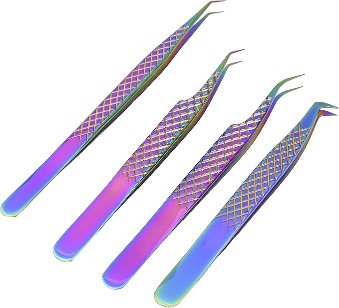 M LASH Tweezers for Eyelash Extensions (Set of 4) - Professional Lash Extension Tweezers - Fiber Tip, Japanese Steel, Diamond Grip Eyelash Extension Tweezer (Multi-Color)