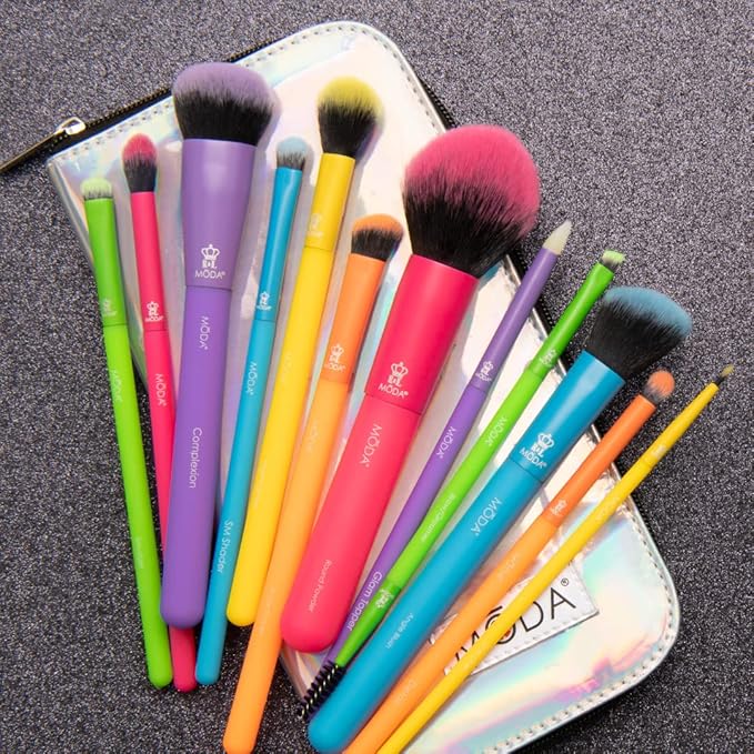 Moda Totally Electric 13pc Full Face Makeup Brush Set – Bold, Colorful, Vegan Brushes for Face & Eye Makeup, Blending, Contouring, and More