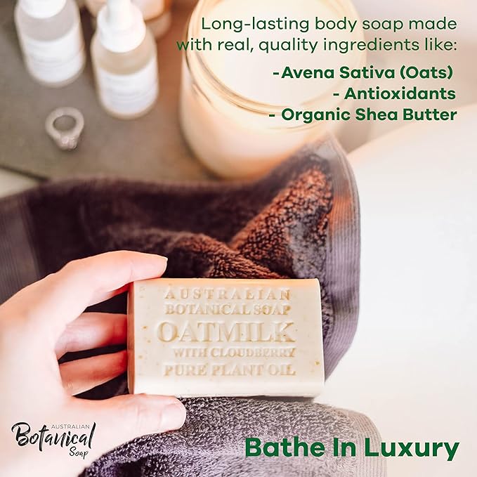 Australian Botanical Soap Oat Milk with Cloudberry 6.6 oz Luxury Soap Bars Enriched with Shea Butter, Suitable for Men, Women and All Skin Types, Pack of 4