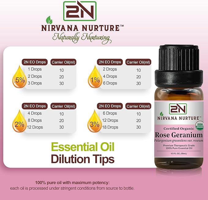 Rose Geranium Essential Oil USDA Certified Organic, 100% Pure Natural Premium Grade, Undiluted