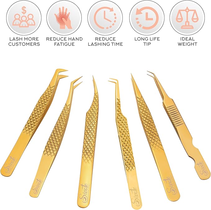 SIVOTE Eyelash Extension Tweezers Fiber Tips Japanese Steel, Set of 6 – Curved, Dolphin, 90° 45° Volume Boot & Slight Curved Tweezer – Professional Lash Tweezers for Lash Extensions Gold