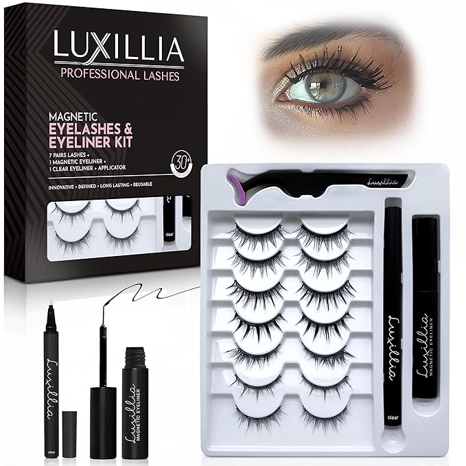 Luxillia Magnetic Eyeliner & Lashes Kit 10 Piece Set (Clear & Black) – Natural Effect, Reusable Fake Lashes, Strong Hold, No Glue Required