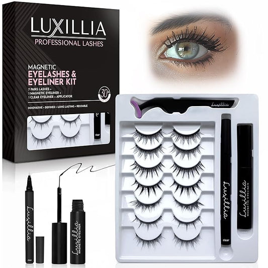 Luxillia Magnetic Eyeliner & Lashes Kit 10 Piece Set (Clear & Black) – Natural Effect, Reusable Fake Lashes, Strong Hold, No Glue Required