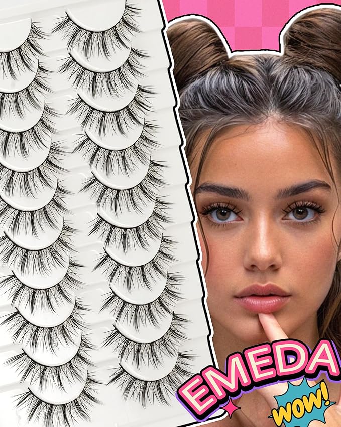 Manga Lashes Spiky False Eyelashes - Wispy Anime Natural Look False Eyelashes Cotton Band Strip Lashes 10 Pairs Cosplay Asian D Curl Fake Lashes by EMEDA(14mm #02)