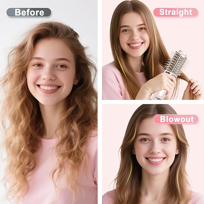 Dual Voltage Hair Dryer Brush for Travel,4 in 1 Blow Dryer Brush,2 Inch Mini Hot Air Brush for Short Hair,Volumizer,110-240V Dual Voltage with European Plug Adapter,OvalBrushBlowDryer for Women(Pink)
