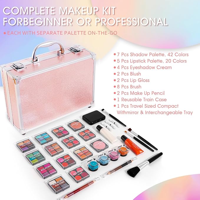 Makeup Kit for Teenager & Women Full Kit, All- In- One Makeup Set With The Cosmetic Train Case, Professional Makeup Kit, Makeup Gift Set for Women Girls(pink)